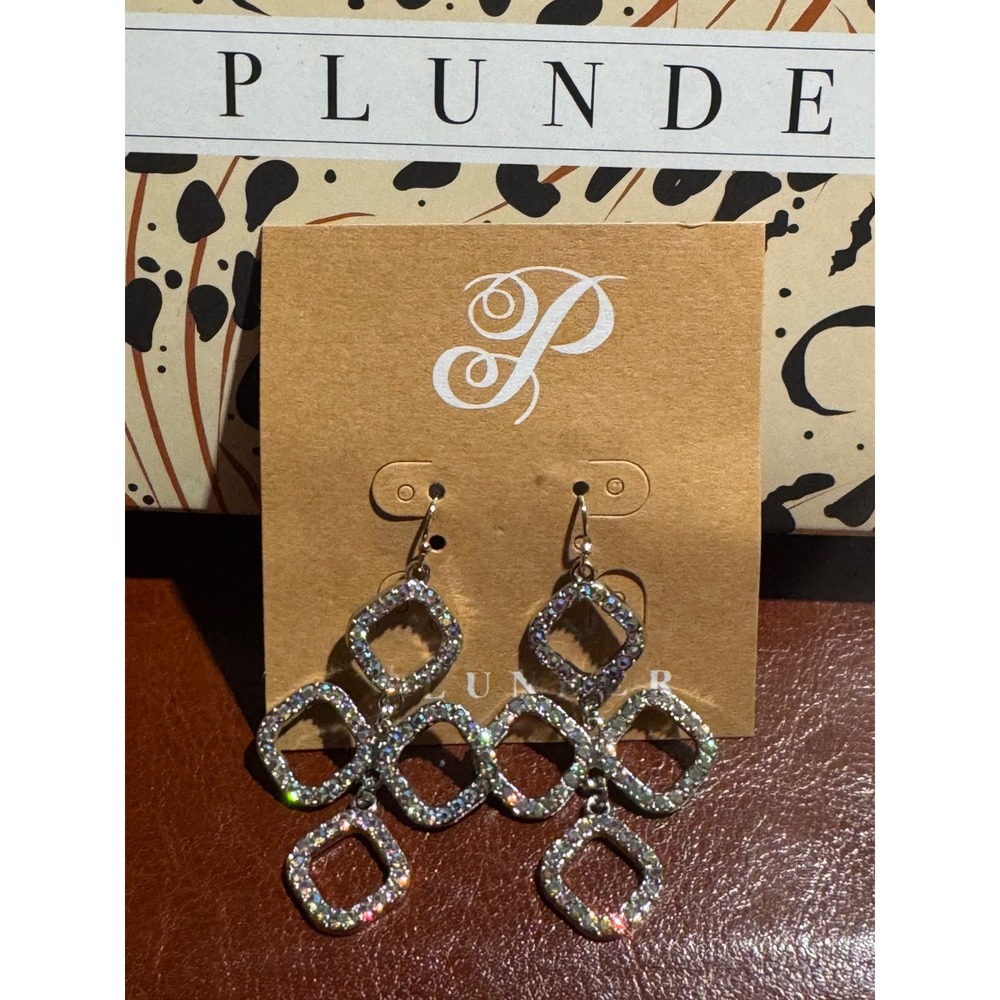 Plunder Design Silver Tone Iridescent Rhinestone Geometric Square Drop Earrings